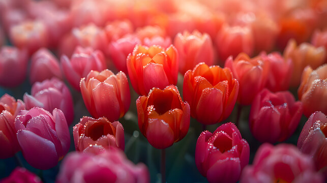 A close up shot of a field of pink and red tulips with water droplets on the petals and soft lighting - Ideal for desktop background, banner and more.