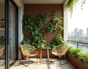Fototapeta premium Cozy balcony with green plants, wooden walls, city view. Modern furniture, chairs, small table creating a relaxing atmosphere. Comfortable design for urban apartments, indoor outdoor space.