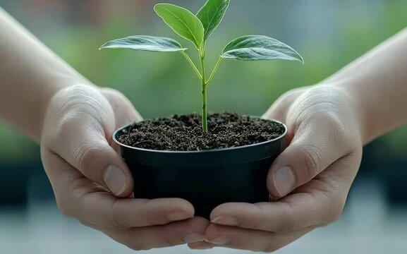 Two hands holding a small plant, with a quiet garden visible through an open window, soft natural lighting, realistic, top view.