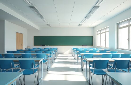Bright empty classroom, chairs, desks arranged ready for class. Clean interior with blackboard, windows, natural sunlight. Modern education space, perfect visual for online courses education projects.