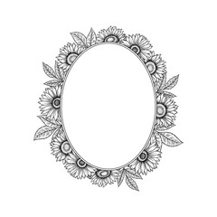 Vector sunflowers oval frame illustration, line art floral wreath. Graphic monochrome drawing. Hand drawn flowers outline sketch, engraved illustration. Template for Easter, wedding invitation, logo.