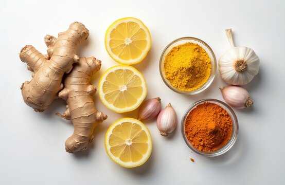 Top view of ginger root, sliced lemon halves, garlic cloves, turmeric and dry ginger powder on white background. Fresh healthy food ingredients, immune boosting ingredients, natural cold flu remedy.