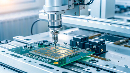 Detailed View of Semiconductor Production with Precision Machines and Microchips, Representing Advanced Technology 