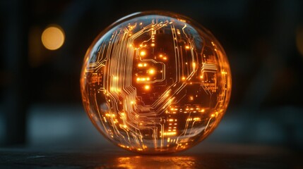 Glowing circuit board inside a glass sphere on dark background.