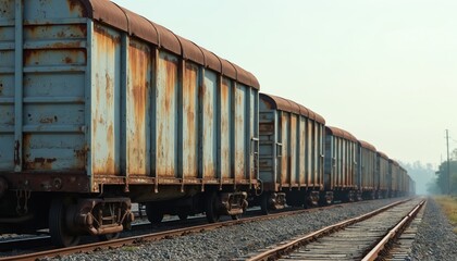 Fototapeta premium Old rusty freight train wagons on railway tracks. Industrial transport concept. Vintage railroad cargo wagons, abandoned on rails. Transportation of goods, delivery, logistics. Travel, adventure
