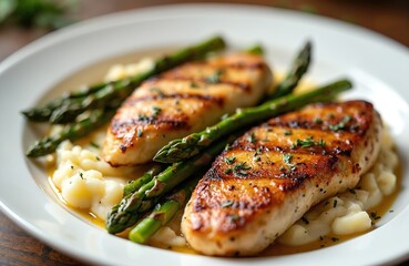 Modern poultry dish herb-crusted chicken breast, roasted asparagus, creamy mashed potato. Fine dining food composition on white plate, perfect for food blogs, restaurant menu design. Healthy eating