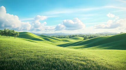 Fototapeta premium Serene landscape of rolling hills and lush green pastures under a blue sky