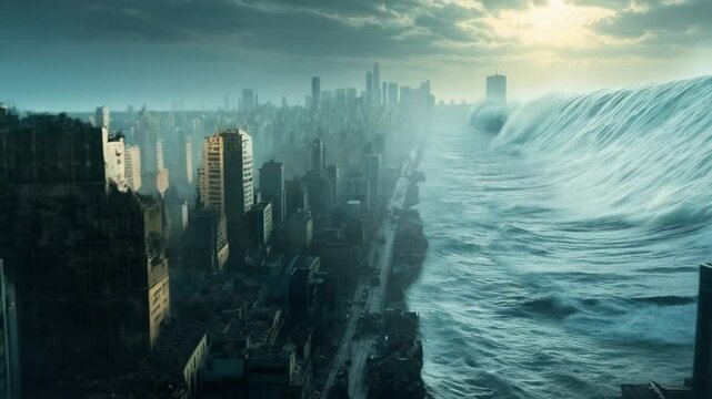 Tsunami Waves Engulfing Futuristic City in 4K Ultra HD
