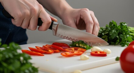 Person slicing red bell peppers and garlic on white cutting board with professional chef knife. Fresh parsley and vegetables for cooking healthy meals and food preparation.