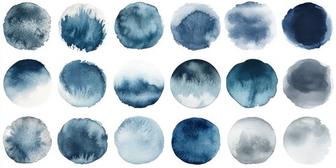 Abstract watercolor circles in blue and gray tones with varied patterns
