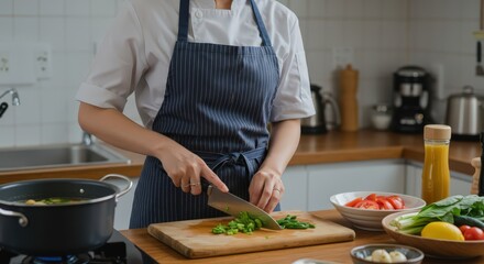 Professional cook in white uniform and blue striped apron chopping green onions on wooden cutting board. Home cooking with fresh vegetables in modern kitchen. Healthy meal preparation.