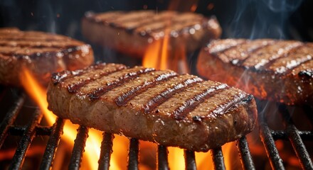 Juicy beef steaks grilling on flaming barbecue with grill marks and rising smoke. Summer outdoor cooking with sizzling meat for backyard party, cookout or restaurant menu.