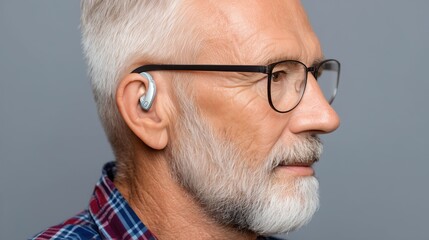 Fototapeta premium A close-up of a senior man reveals a discreet hearing aid behind his ear, symbolizing the support modern technology provides in overcoming age-related hearing loss.