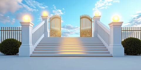 Majestic golden gate entrance serene garden digital art bright day wide angle invitation to paradise