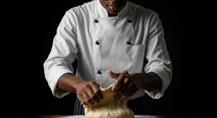 African american chef kneading bread dough on dark background. Professional baker preparing homemade artisan bread. Culinary arts and traditional baking process in restaurant kitchen.