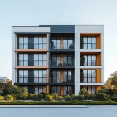 Fototapeta premium a contemporary residential complex characterized by minimalistic facades and clean lines isolated on a plain background a sleek apartment building with simple geometric forms and subtle landscaping 