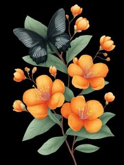 Orange Blossoms and Black Butterfly - A delicate illustration of orange flowers and a black butterfly on a black background. Elegant and serene
