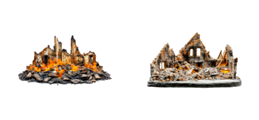Destruction and ruins amidst flames urban landscape models. Cut out png set