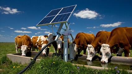 Cattle drinking from water trough powered by solar energy on sunny farmland