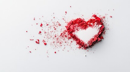 Shattered red heart, symbolic of broken love or affection.  Powdered heart shape with fragmented pieces