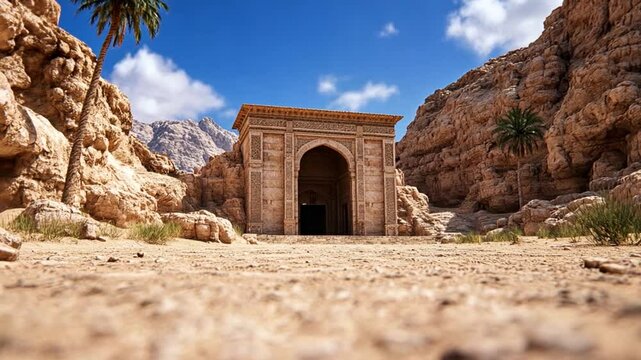 Majestic ancient structure in desert landscape with rocky mountains and palm trees under blue sky