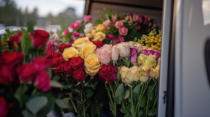 Colorful rose bouquets in a delivery van.