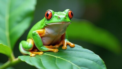 Naklejka premium Green tree frog perched on white, vibrant colors, exotic, bright, science