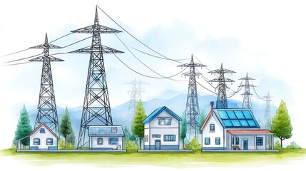 Residential Power Grid and Solar Energy - Illustration of houses with and without solar panels connected to a power grid, showcasing energy diversity