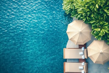 Top View of Luxury Swimming Pool with Lounge Chairs and Palm Trees in Summer Resort