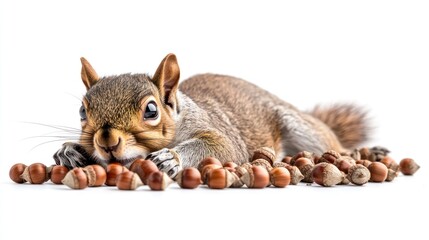 Adorable grey squirrel lying down, eating acorns and hazelnuts on white background.
