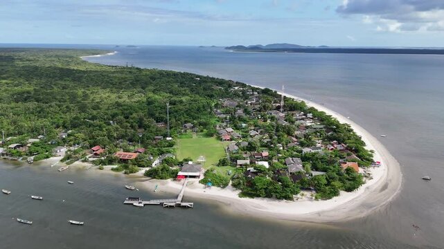Drone image in motion on a slightly sunny day with a general view of Ilha das Pe&ccedil;as, located in Paranagua, coastal region of Paran&aacute; (Brazil).