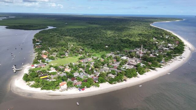 Drone image in motion on a slightly sunny day with a general view of Ilha das Pe&ccedil;as, located in Paranagua, coastal region of Paran&aacute; (Brazil).