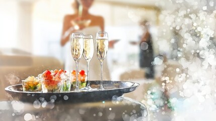 Elegant celebration with champagne flutes and gourmet dishes in a festive, bright venue