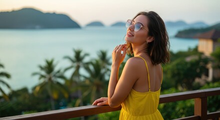 Woman in yellow dress enjoying sunset view from tropical resort balcony. Asian female tourist relaxing at beachfront villa with ocean and mountain landscape during vacation getaway