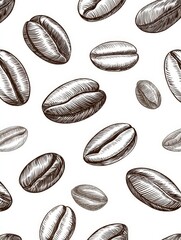 Fototapeta premium Simple Coffee Bean Engraving Sketch Pattern Illust - A pattern of hand-drawn coffee beans, symbolizing energy, warmth, aroma, morning ritual, and caffeine boost