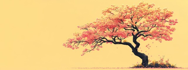 Minimalist realistic blooming acacia tree branches close-up, small yellow flowers on light gray background.