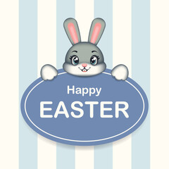 Cute Easter rabbit with a blue board for text. Easter bunny. Symbol of Easter. Vector children's illustration.