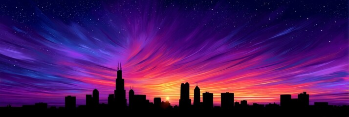 Sunset Cityscape - Vibrant painting of a city skyline at sunset, symbolizing hope, dreams, ambition, urban life, and twilight beauty