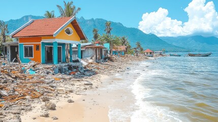 Shoreline dwelling ravaged by erosion, nestled beneath mountains by a tranquil ocean