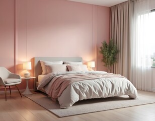 Pink family bedroom with warm feeling. Modern luxury interior design, cozy apartment, hotel room with bed, pillows, lamps, table. Home design, furniture, comfortable space. Nobody at photo.