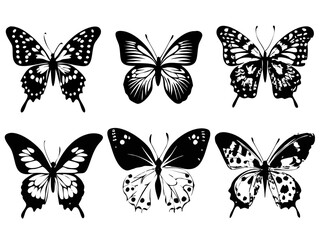 Fototapeta premium Butterfly Silhouettes Vector Set – Black and White Insect Illustrations on White Background