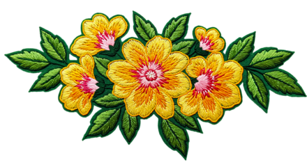 Embroidered floral design featuring yellow flowers with pink centers and green leaves on black background