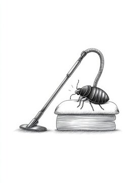 Vacuuming Up Pests - A cartoon illustration of a bed bug on a stack of books about to be vacuumed up