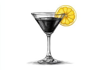 Vintage Cocktail Glass Engraving Sketch with Lemon Slice - A classic martini glass filled with a dark cocktail, garnished with a lemon slice. Symbolizes sophistication, refreshment, celebration