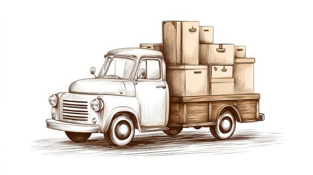 Vintage Truck Delivery Engraving Sketch - A classic pickup truck, meticulously detailed in an engraving , is fully loaded with various cardboard boxes, symbolizing delivery, transportation, logistics