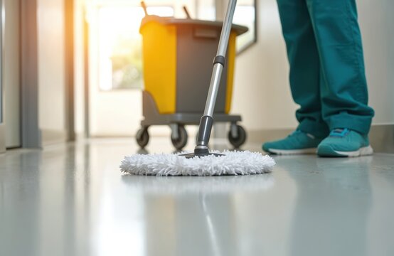Close-up of a janitor mopping floor in office with cleaning equipment. Worker cleans epoxy floor using mop and cleaning cart. Hygiene in workplace, cleanliness and sanitation.