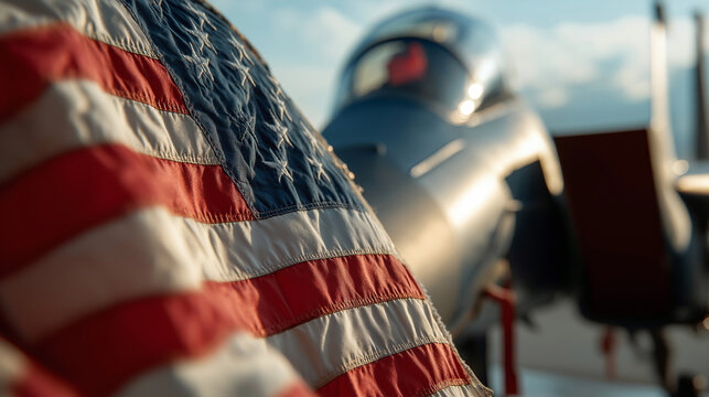 Military fighter jet on runway with American flag background front view patriotic powerful aircraft warplane USA air force aviation strength defense technology