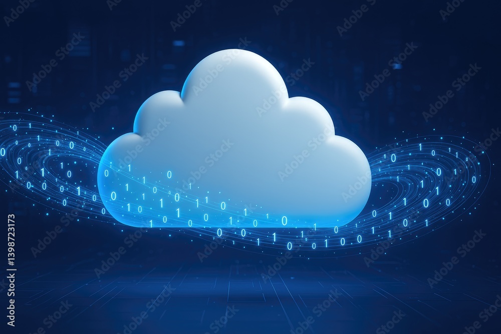 Poster 3D cloud surrounded by flowing binary code in a digital space, symbolizing cloud computing and data transfer. Ideal for tech presentations, IT services, and digital platforms