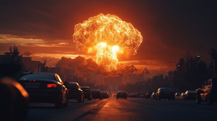 Huge nuclear explosion with massive mushroom cloud over city street cars driving towards blast dramatic apocalyptic scene fire destruction chaos end of world 