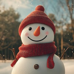A cheerful snowman with a red hat and scarf, perfect for winter-themed designs and holiday greetings. 3D render.